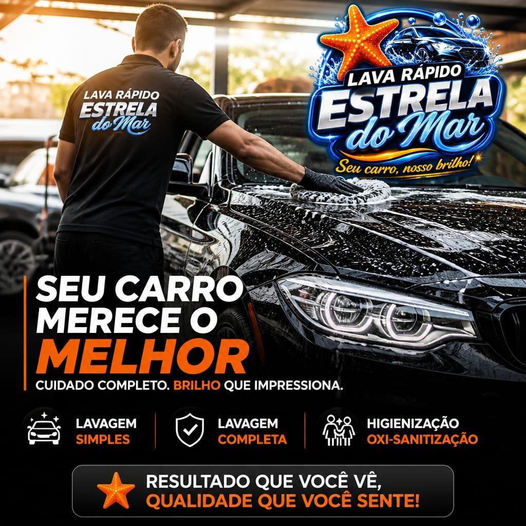 arte gráfica de divulgação de lava rápido com foto de funcionário lavando carro preto, logo em destaque e ícon